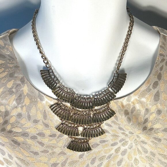 Golden Antique Brass Statement Fan Design Necklace Art Deco Unique Boho Y2K Vint - Picture 2 of 9
